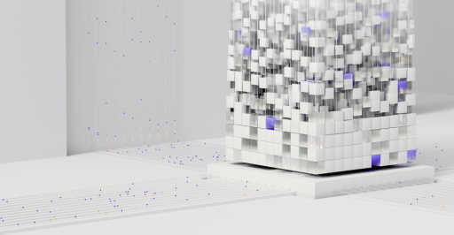 White cube with individual cube particles that thin out towards the top.